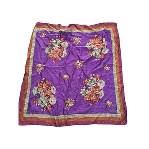 Bill Blass Vintage Floral Silk Scarf Purple Orange Green 33" Square Hand Rolled